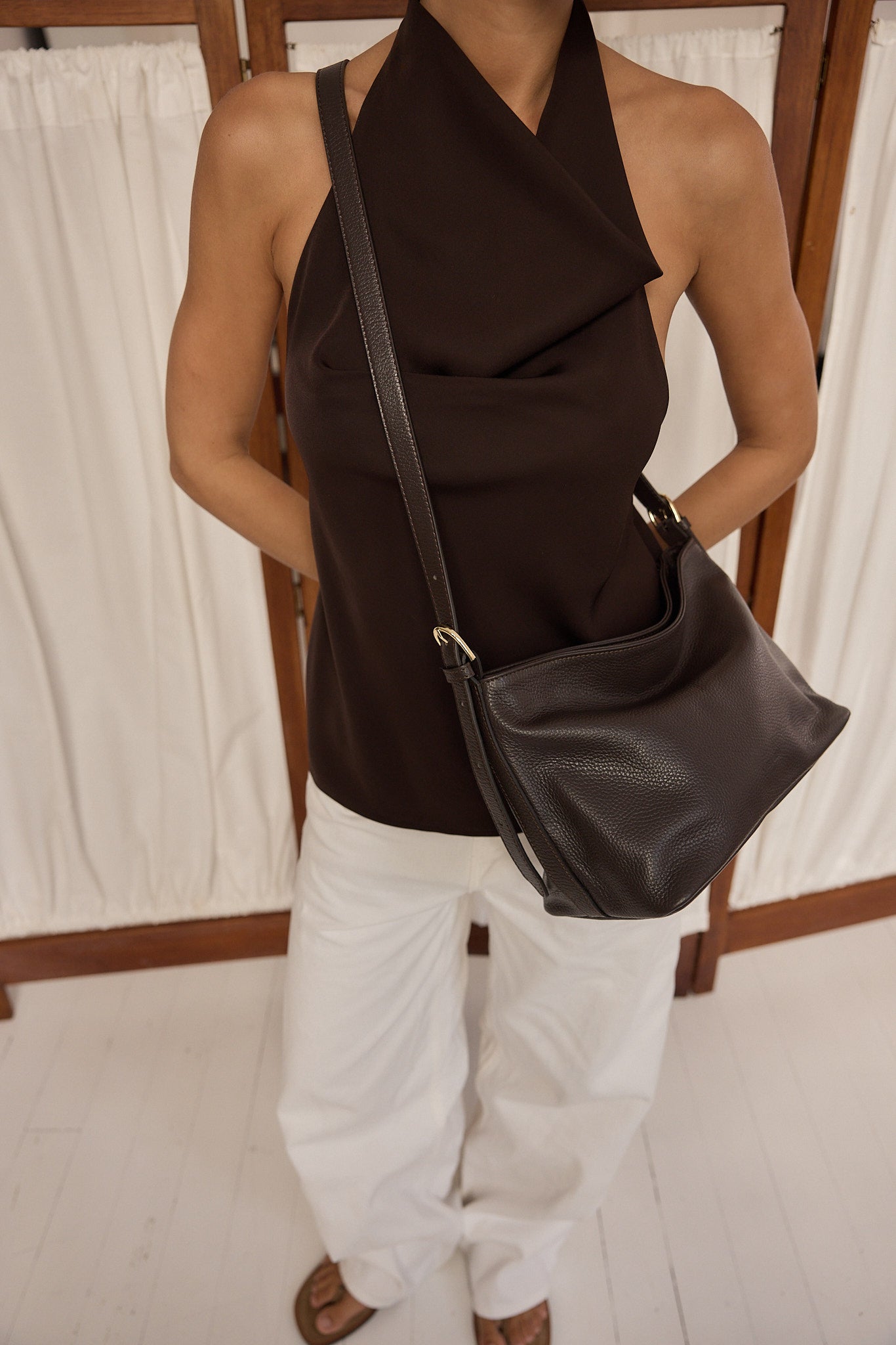 Pebbled Leather Crossbody Strap Dark Chocolate
