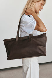 Mia Dark Chocolate Leather East West Slouchy Tote