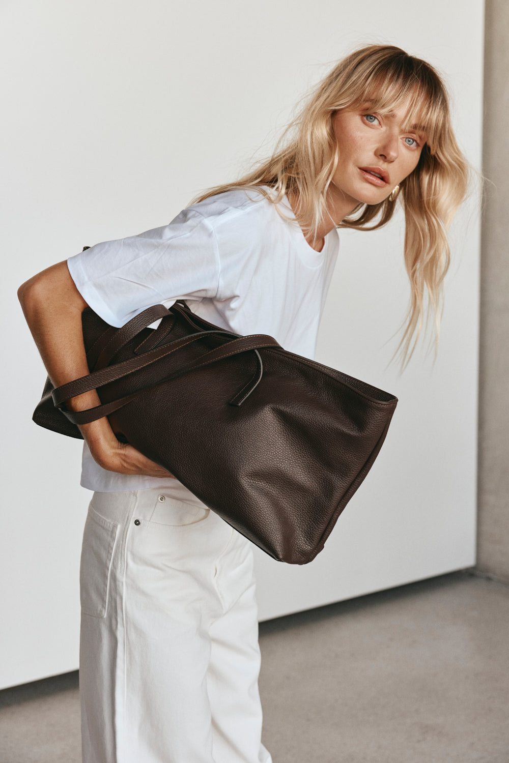 Mia Dark Chocolate Leather East West Slouchy Tote