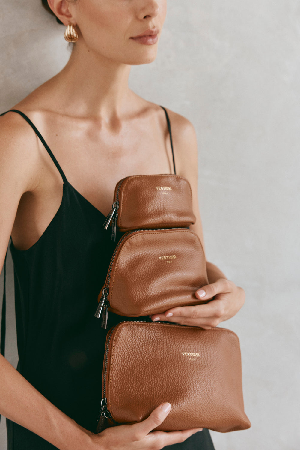 Leather Tan Cosmetic Pouch Trio