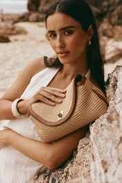 Sloane Tan Raffia Crossbody Clutch