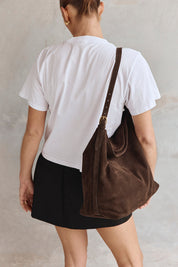 Savannah Dark Chocolate Suede Hobo Bag