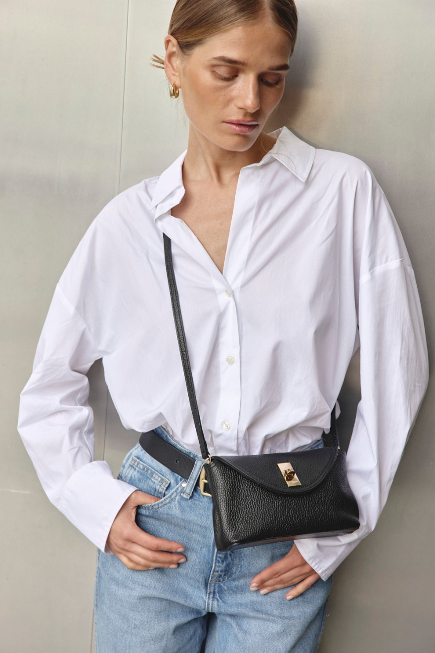 Sloane Mini Black Leather Crossbody Clutch